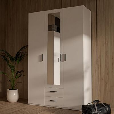 Forte TRAWEN Kleiderschrank 130 140, moderner Kleiderschrank, Flurschrank, Mehrzweckschrank, 3-türig, 2 Schubladen, Spiegel, Holzwerkstoff, Weiß, 133,2 cm breit x 210,5 cm hoch x 54,2 cm tief Forte TRAWEN Kleiderschrank 130 140, moderner Kleiderschrank, Flurschrank, Mehrzweckschrank, 3-türig, 2 Schubladen, Spiegel, Holzwerkstoff, Weiß, 133,2 cm breit x 210,5 cm hoch x 54,2 cm tief