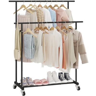 Calmootey Kleiderständer Mit Doppelstange Rollend Und Tragbar für Schlafzimmer, Wohnzimmer, Bekleidungsgeschäft Schwarz Calmootey Kleiderständer Mit Doppelstange Rollend Und Tragbar für Schlafzimmer, Wohnzimmer, Bekleidungsgeschäft Schwarz