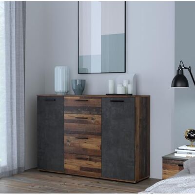 Forte ATTALYAR Kommode mit 4 Schubladen und 2 Türen, Holzwerkstoff, Old – Wood Vintage/Betonoptik Dunkelgrau, B x H x T: 129,6 x 91,3 x 38 cm Forte ATTALYAR Kommode mit 4 Schubladen und 2 Türen, Holzwerkstoff, Old – Wood Vintage/Betonoptik Dunkelgrau, B x H x T: 129,6 x 91,3 x 38 cm