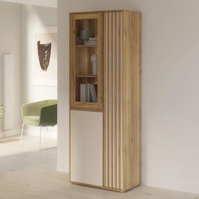 Forte ELISTON Vitrine 70 80, moderner Schrank mit Lamellendesign, 3-türig, Wohn-/Schlafzimmer, Mauvella Eiche Holzdekor Kashmir Beige, 74 cm breit x 200,1 cm hoch x 41,5 cm tief Forte ELISTON Vitrine 70 80, moderner Schrank mit Lamellendesign, 3-türig, Wohn-/Schlafzimmer, Mauvella Eiche Holzdekor Kashmir Beige, 74 cm breit x 200,1 cm hoch x 41,5 cm tief
