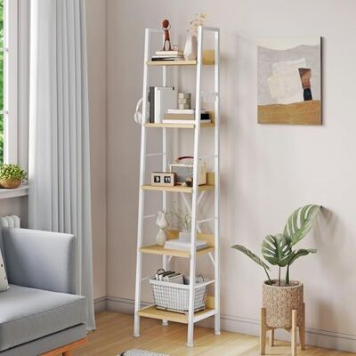 YITAHOME Schmal Bücherregal mit 5 Ebenen 35 cm Breit, Industrielles Leiterregal Standregal Holzregale und Metallrahmen, Modernes Regal für Wohnzimmer, Weiß und Eiche YITAHOME Schmal Bücherregal mit 5 Ebenen 35 cm Breit, Industrielles Leiterregal Standregal Holzregale und Metallrahmen, Modernes Regal für Wohnzimmer, Weiß und Eiche