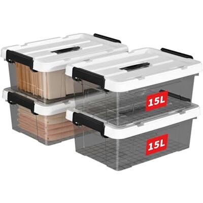 Cetomo 15L*4 Aufbewahrungsboxen, Tragbare Plastikboxen mit Deckeln, Organizer-Behälter mit Griff und Clips, Stapelbar, Ineinander Nestbar, für Zuhause und Büro, Transparent schwarz, 15L-4er Pack Cetomo 15L*4 Aufbewahrungsboxen, Tragbare Plastikboxen mit Deckeln, Organizer-Behälter mit Griff und Clips, Stapelbar, Ineinander Nestbar, für Zuhause und Büro, Transparent schwarz, 15L-4er Pack
