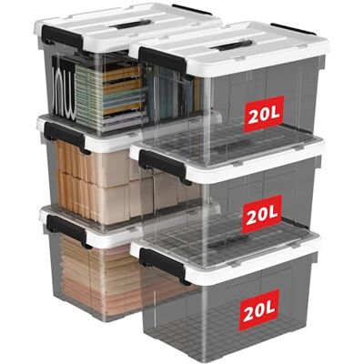 Cetomo 20L*6 Aufbewahrungsboxen, Tragbare Plastikboxen mit Deckeln, Organizer-Behälter mit Griff und Clips, Stapelbar, Ineinander Nestbar, für Zuhause und Büro, Transparent schwarz, 20L-6er Pack Cetomo 20L*6 Aufbewahrungsboxen, Tragbare Plastikboxen mit Deckeln, Organizer-Behälter mit Griff und Clips, Stapelbar, Ineinander Nestbar, für Zuhause und Büro, Transparent schwarz, 20L-6er Pack