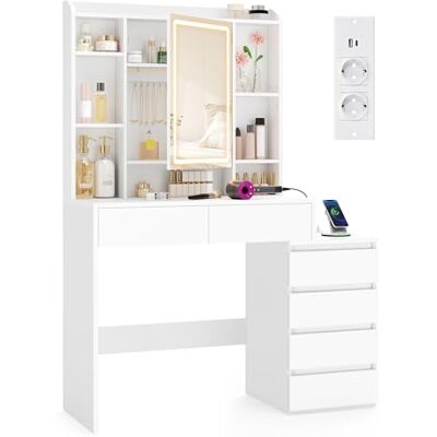 VASAGLE Kailyn Kollektion Schminktisch mit LED-Beleuchtung, Frisiertisch mit Steckdosenleiste, Spiegel, Kosmetiktisch mit verstellbaren Ablagen, modern, 40 x 105 x 145 cm, wolkenweiß RDT144WB01 VASAGLE Kailyn Kollektion Schminktisch mit LED-Beleuchtung, Frisiertisch mit Steckdosenleiste, Spiegel, Kosmetiktisch mit verstellbaren Ablagen, modern, 40 x 105 x 145 cm, wolkenweiß RDT144WB01