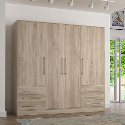 Forte Jupiter Schrank 200 210, Kleiderschrank, Drehtürenschrank, 4-türig, mit 6 Schubladen und Einlegeböden, Holz Dekor: Sonoma Eiche, 206.5 cm breit x 60 cm tief x 200 cm hoch Forte Jupiter Schrank 200 210, Kleiderschrank, Drehtürenschrank, 4-türig, mit 6 Schubladen und Einlegeböden, Holz Dekor: Sonoma Eiche, 206.5 cm breit x 60 cm tief x 200 cm hoch