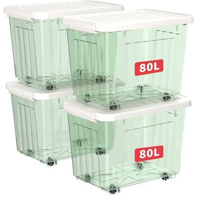 Cetomo 80L*4 Aufbewahrungsboxen, Rillen-verstärkte Kunststoffboxen mit Rollen & Deckeln, Stapelbare Aufbewahrungskiste, Ordnungsboxen für Zuhause und Büro, PP, Transparent Grün, 80L (4er Pack) Cetomo 80L*4 Aufbewahrungsboxen, Rillen-verstärkte Kunststoffboxen mit Rollen & Deckeln, Stapelbare Aufbewahrungskiste, Ordnungsboxen für Zuhause und Büro, PP, Transparent Grün, 80L (4er Pack)