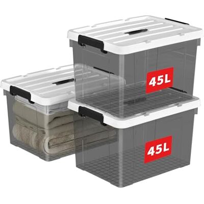 Cetomo 45L*3 Aufbewahrungsboxen, Tragbare Plastikboxen mit Deckeln, Organizer-Behälter mit Griff und Clips, Stapelbar, Ineinander Nestbar, für Zuhause und Büro, Transparent schwarz, 45L-3er Pack Cetomo 45L*3 Aufbewahrungsboxen, Tragbare Plastikboxen mit Deckeln, Organizer-Behälter mit Griff und Clips, Stapelbar, Ineinander Nestbar, für Zuhause und Büro, Transparent schwarz, 45L-3er Pack