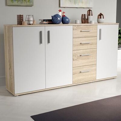 Forte IKOLI Kommode 160, Moderne Kommode, 3-türig, 4 Schubladen, Wohn-/Schlafzimmer, Flur, Holzwerkstoff, Weiß mit Sonoma Eiche Holzdekor, 159,2 cm breit x 81,7 cm hoch x 31,4 cm tief Forte IKOLI Kommode 160, Moderne Kommode, 3-türig, 4 Schubladen, Wohn-/Schlafzimmer, Flur, Holzwerkstoff, Weiß mit Sonoma Eiche Holzdekor, 159,2 cm breit x 81,7 cm hoch x 31,4 cm tief