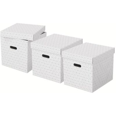 Esselte 3er Set große würfelförmige Aufbewahrungsboxen mit Deckel, Schachteln für Wohnung/Büro & Organisationszwecke, 100% recycelter Karton, 100% recycelbar, geometrische Designs, Weiß, 628288 Esselte 3er Set große würfelförmige Aufbewahrungsboxen mit Deckel, Schachteln für Wohnung/Büro & Organisationszwecke, 100% recycelter Karton, 100% recycelbar, geometrische Designs, Weiß, 628288