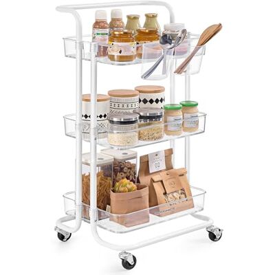 SONGMICS Rollwagen, 3 Ebenen, Servierwagen, Küchenwagen mit Griff, 2 kleine Einhängefächer, 2 Bremsen, Ablagefächer aus Kunststoff, einfacher Aufbau, Schlafzimmer, weiß-transparent BSC067W03 SONGMICS Rollwagen, 3 Ebenen, Servierwagen, Küchenwagen mit Griff, 2 kleine Einhängefächer, 2 Bremsen, Ablagefächer aus Kunststoff, einfacher Aufbau, Schlafzimmer, weiß-transparent BSC067W03