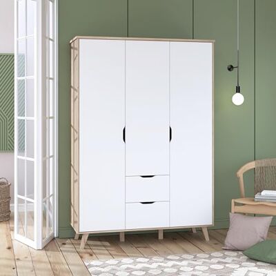 Forte VANKKA Schrank 140, Kleiderschrank 2 Schubladen, Drehtürenschrank Skandinavisch, Schlafzimmerschrank Kinderzimmerschrank 3-türig Planked Eiche/Weiß, 139 cm breit x 201.5 cm hoch x 53 cm tief Forte VANKKA Schrank 140, Kleiderschrank 2 Schubladen, Drehtürenschrank Skandinavisch, Schlafzimmerschrank Kinderzimmerschrank 3-türig Planked Eiche/Weiß, 139 cm breit x 201.5 cm hoch x 53 cm tief