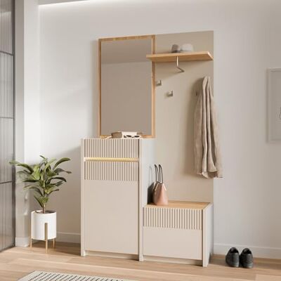 Forte Oak SQUERE Garderobe 100 110, Elegante Garderobe mit Spiegel, Kleiderstange und Aufbewahrung, Holzwerkstoff, Mauvella Eiche Holzdekor/Sand, 108,4 cm breit x 195,9 cm hoch x 41,7 cm tief Forte Oak SQUERE Garderobe 100 110, Elegante Garderobe mit Spiegel, Kleiderstange und Aufbewahrung, Holzwerkstoff, Mauvella Eiche Holzdekor/Sand, 108,4 cm breit x 195,9 cm hoch x 41,7 cm tief