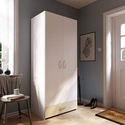 Forte ECONOBOX Kleiderschrank 80, Klassischer Schrank mit Zwei Drehtüren und EInlegeboden, Holzwerkstoff, Weiß/Puccini Eiche Dekor, 79,7 cm breit, 190,5 cm hoch, 54,4 cm tief Forte ECONOBOX Kleiderschrank 80, Klassischer Schrank mit Zwei Drehtüren und EInlegeboden, Holzwerkstoff, Weiß/Puccini Eiche Dekor, 79,7 cm breit, 190,5 cm hoch, 54,4 cm tief