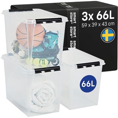 SmartStore Aufbewahrungsboxen 3er-Set 66L I Stapelbare Kunststoffbox mit Deckel I BPA-frei & lebensmittelecht I Organizer für Garage, Hobbyraum oder Dachboden I durchsichtig und mit Clipverschluss SmartStore Aufbewahrungsboxen 3er-Set 66L I Stapelbare Kunststoffbox mit Deckel I BPA-frei & lebensmittelecht I Organizer für Garage, Hobbyraum oder Dachboden I durchsichtig und mit Clipverschluss