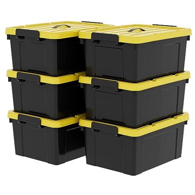 Cetomo 35L*6 Aufbewahrungsboxen, Kunststoffboxen mit Deckeln, Griffen und Schnappverschlüssen für Werkzeuge, Garage, Langlebig, Stapelbar, Ineinander Schachtelbar, Schwarz und Gelb, 35L (6er Pack) Cetomo 35L*6 Aufbewahrungsboxen, Kunststoffboxen mit Deckeln, Griffen und Schnappverschlüssen für Werkzeuge, Garage, Langlebig, Stapelbar, Ineinander Schachtelbar, Schwarz und Gelb, 35L (6er Pack)
