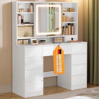 VASAGLE Kailyn Kollektion Schminktisch mit Spiegel und LED-Leuchten, Steckdosenleiste, 9 Schubladen, 10x Vergrößerungsspiegel, 3 Lichtfarben, werkzeuglose Gleitschienen, wolkenweiß RDT137W01 VASAGLE Kailyn Kollektion Schminktisch mit Spiegel und LED-Leuchten, Steckdosenleiste, 9 Schubladen, 10x Vergrößerungsspiegel, 3 Lichtfarben, werkzeuglose Gleitschienen, wolkenweiß RDT137W01
