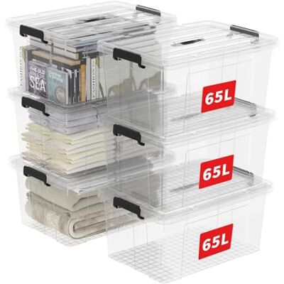 Cetomo 65L*6 Aufbewahrungsboxen, Tragbare Plastikboxen mit Deckeln, Organizer-Behälter mit Griff und Clips, Stapelbar, Ineinander Nestbar, für Zuhause und Büro, Transparent, 65L-6er Pack Cetomo 65L*6 Aufbewahrungsboxen, Tragbare Plastikboxen mit Deckeln, Organizer-Behälter mit Griff und Clips, Stapelbar, Ineinander Nestbar, für Zuhause und Büro, Transparent, 65L-6er Pack
