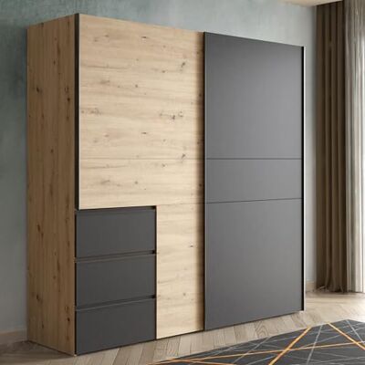 Forte LUCYKO Kleiderschrank 200, Schrank mit 2 Schwebetüren und 3 Schubladen, Holzwerkstoff, Artisan Eiche Dekor/Schwarz, 200,1 cm breit, 200,5 cm hoch, 61,2 cm tief Forte LUCYKO Kleiderschrank 200, Schrank mit 2 Schwebetüren und 3 Schubladen, Holzwerkstoff, Artisan Eiche Dekor/Schwarz, 200,1 cm breit, 200,5 cm hoch, 61,2 cm tief