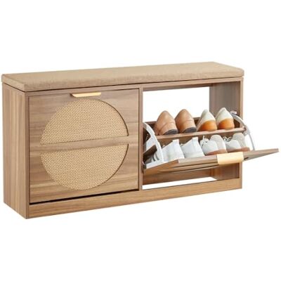 VEVOR Schuhregalbank Schuhbank (988 x 240 x 500 mm), Rattan-ähnliche Eingangsbank, Schuhregal mit Kissen & 4 Fächern & Rattantüren (200 kg belastbar), für Haustür Flur Wohnzimmer Schlafzimmer VEVOR Schuhregalbank Schuhbank (988 x 240 x 500 mm), Rattan-ähnliche Eingangsbank, Schuhregal mit Kissen & 4 Fächern & Rattantüren (200 kg belastbar), für Haustür Flur Wohnzimmer Schlafzimmer