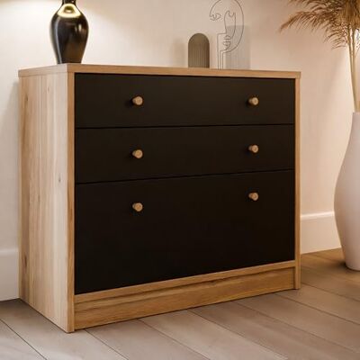 Forte BADERNA Kommode 90, Klassische Kommode mit 3 Schubladen, Sideboard, Wohnzimmer, Schlafzimmer, Holzwerkstoff, Mauvella Eiche Holzdekor/Schwarz, 89,8 cm breit x 77,6 cm hoch x 41,5 cm tief Forte BADERNA Kommode 90, Klassische Kommode mit 3 Schubladen, Sideboard, Wohnzimmer, Schlafzimmer, Holzwerkstoff, Mauvella Eiche Holzdekor/Schwarz, 89,8 cm breit x 77,6 cm hoch x 41,5 cm tief