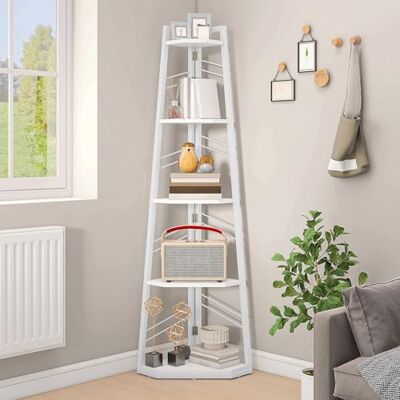 DWVO Eckregal 5 Ebenen, Eckbuchhandel mit Metallrahmen, Industrial Ladder -Bücherregal, Bodenständiges Displayregal, Hoher Speicherregal, für Wohnzimmer, Küche, Schlafzimmer, Reines Weiß Standregal DWVO Eckregal 5 Ebenen, Eckbuchhandel mit Metallrahmen, Industrial Ladder -Bücherregal, Bodenständiges Displayregal, Hoher Speicherregal, für Wohnzimmer, Küche, Schlafzimmer, Reines Weiß Standregal