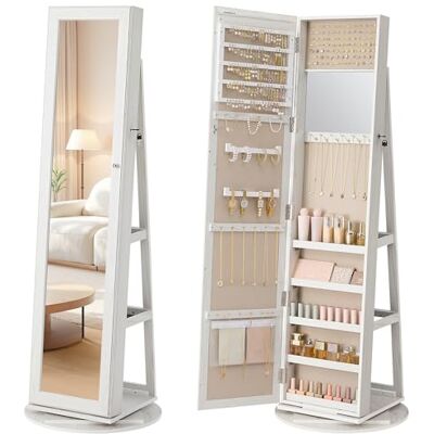 SONGMICS Schmuckschrank, Spiegelschrank, mit Ganzkörperspiegel, um 360° drehbar, Schmuckaufbewahrung, abschließbar, mit Schlüsseln, Schlafzimmer, Geschenkidee, Holzoptik in Grau, weiß JJC062W101 SONGMICS Schmuckschrank, Spiegelschrank, mit Ganzkörperspiegel, um 360° drehbar, Schmuckaufbewahrung, abschließbar, mit Schlüsseln, Schlafzimmer, Geschenkidee, Holzoptik in Grau, weiß JJC062W101