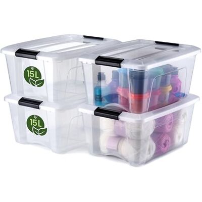 Iris Ohyama , Aufbewahrungsboxen mit Deckel, 15 l, 4er-Set, Transparent, 100% Recycelter Kunststoff, Verschlussclips, Griff, Stapelbar, für Schlafzimmer, Ankleidezimmer, Büro, BPA-frei, NTB-15 Iris Ohyama , Aufbewahrungsboxen mit Deckel, 15 l, 4er-Set, Transparent, 100% Recycelter Kunststoff, Verschlussclips, Griff, Stapelbar, für Schlafzimmer, Ankleidezimmer, Büro, BPA-frei, NTB-15