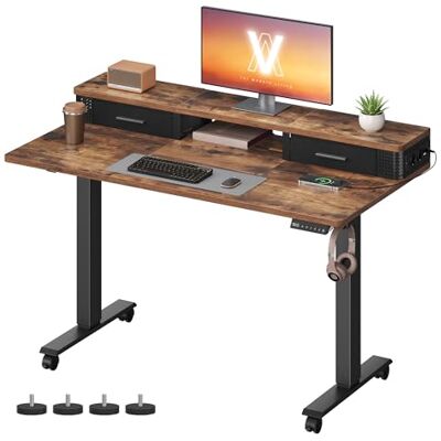 VASAGLE Höhenverstellbarer Schreibtisch elektrisch, 120 x 60 x (72-120) cm, stufenlos verstellbar, mit Monitorständer, Steckdosenleiste, Haken, Memory-Funktion, vintagebraun LSD182KD02 VASAGLE Höhenverstellbarer Schreibtisch elektrisch, 120 x 60 x (72-120) cm, stufenlos verstellbar, mit Monitorständer, Steckdosenleiste, Haken, Memory-Funktion, vintagebraun LSD182KD02
