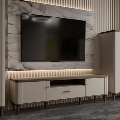 Forte LACETTI TV-Schrank 180, modernes Lowboard, Scandi Lamellen Design, 2-türig, 1 Schublade, Holzwerkstoff, Kaschmir Beige Valencia Eiche Holzdekor, 179,8 cm breit x 53,3 cm hoch x 41,2 cm tief Forte LACETTI TV-Schrank 180, modernes Lowboard, Scandi Lamellen Design, 2-türig, 1 Schublade, Holzwerkstoff, Kaschmir Beige Valencia Eiche Holzdekor, 179,8 cm breit x 53,3 cm hoch x 41,2 cm tief