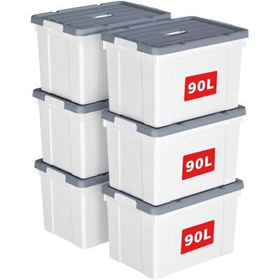 Cetomo 90L*6 Aufbewahrungsboxen, Tragbare Plastikboxen mit Deckeln, Organizer-Behälter mit Griff und Clips, Stapelbar, Ineinander Nestbar, für Zuhause und Büro, Weiß, 90L-6er Pack Cetomo 90L*6 Aufbewahrungsboxen, Tragbare Plastikboxen mit Deckeln, Organizer-Behälter mit Griff und Clips, Stapelbar, Ineinander Nestbar, für Zuhause und Büro, Weiß, 90L-6er Pack