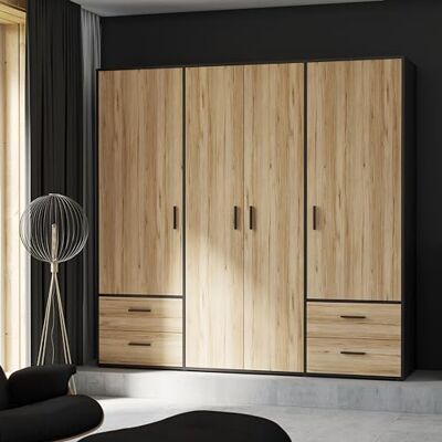 Forte Jupiter Schrank 200 210, Kleiderschrank, Drehtürenschrank, 4-türig, mit 4 Schubladen und Einlegeböden, Schwarz mit Holz Dekor: Catania Eiche, 206 cm breit x 53 cm tief x 200 cm hoch Forte Jupiter Schrank 200 210, Kleiderschrank, Drehtürenschrank, 4-türig, mit 4 Schubladen und Einlegeböden, Schwarz mit Holz Dekor: Catania Eiche, 206 cm breit x 53 cm tief x 200 cm hoch