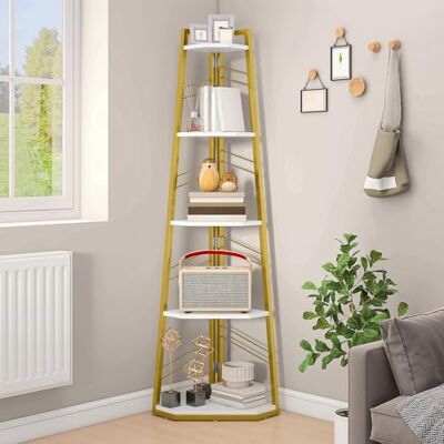 DWVO Eckregal 5 Ebenen, Eckbuchhandel mit Metallrahmen, Industrial Ladder -Bücherregal, Bodenständiges Displayregal, Hoher Speicherregal, für Wohnzimmer, Küche, Schlafzimmer, Gold und Weiß Standregal DWVO Eckregal 5 Ebenen, Eckbuchhandel mit Metallrahmen, Industrial Ladder -Bücherregal, Bodenständiges Displayregal, Hoher Speicherregal, für Wohnzimmer, Küche, Schlafzimmer, Gold und Weiß Standregal