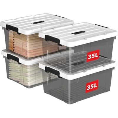 Cetomo 35L*4 Aufbewahrungsboxen, Tragbare Plastikboxen mit Deckeln, Organizer-Behälter mit Griff und Clips, Stapelbar, Ineinander Nestbar, für Zuhause und Büro, Transparent schwarz, 35L-4er Pack Cetomo 35L*4 Aufbewahrungsboxen, Tragbare Plastikboxen mit Deckeln, Organizer-Behälter mit Griff und Clips, Stapelbar, Ineinander Nestbar, für Zuhause und Büro, Transparent schwarz, 35L-4er Pack