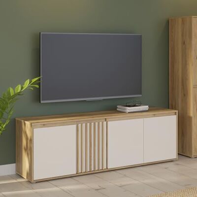 Forte ELISTON TV-Schrank 170 180, modernes Lowboard mit Lamellendesign, 4-türig, Wohnzimmer, Mauvella Eiche Holzdekor Kashmir Beige, 174,3 cm breit x 56,1 cm hoch x 41,5 cm tief Forte ELISTON TV-Schrank 170 180, modernes Lowboard mit Lamellendesign, 4-türig, Wohnzimmer, Mauvella Eiche Holzdekor Kashmir Beige, 174,3 cm breit x 56,1 cm hoch x 41,5 cm tief