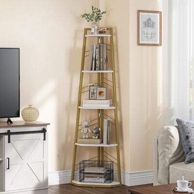 YITAHOME 5-Stöckiges Eck-Bücherregal Industrielles Freistehendes Leiter-Regal, Modernes Offenes Holzregal für Wohnzimmer, Diele, Home Office, Golden YITAHOME 5-Stöckiges Eck-Bücherregal Industrielles Freistehendes Leiter-Regal, Modernes Offenes Holzregal für Wohnzimmer, Diele, Home Office, Golden