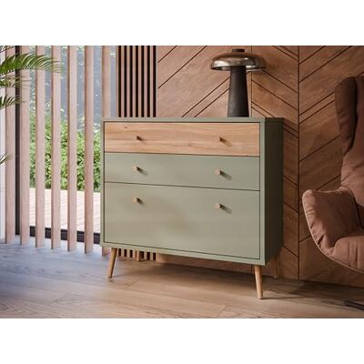 Forte Harllson, einfache Montage Dank EasyKlix Kommode mit 3 Schubladen, Salbei mit Holzdekor: Mauvella Eiche, skandinavischer, moderner Stil, Sideboard 90 cm breit x 86 cm hoch x 41 cm tief Forte Harllson, einfache Montage Dank EasyKlix Kommode mit 3 Schubladen, Salbei mit Holzdekor: Mauvella Eiche, skandinavischer, moderner Stil, Sideboard 90 cm breit x 86 cm hoch x 41 cm tief