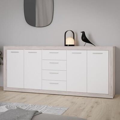 Forte BACCIO Sideboard 200, Moderne Kommode für Wohn-/Schlafzimmer, 4-türig, 4 Schubladen, Holzwerkstoff, Sandeiche Holzdekor Weiß, 197,1 cm breit x 91,9 cm hoch x 41 cm tief Forte BACCIO Sideboard 200, Moderne Kommode für Wohn-/Schlafzimmer, 4-türig, 4 Schubladen, Holzwerkstoff, Sandeiche Holzdekor Weiß, 197,1 cm breit x 91,9 cm hoch x 41 cm tief