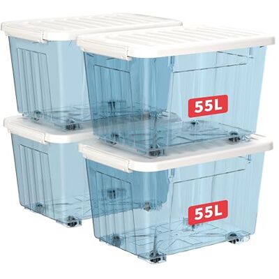 Cetomo 55L*4 Aufbewahrungsboxen, Rillen-verstärkte Kunststoffboxen mit Rollen & Deckeln, Stapelbare Aufbewahrungskiste, Ordnungsboxen für Zuhause und Büro, PP, Transparent Blau, 55L (4er Pack) Cetomo 55L*4 Aufbewahrungsboxen, Rillen-verstärkte Kunststoffboxen mit Rollen & Deckeln, Stapelbare Aufbewahrungskiste, Ordnungsboxen für Zuhause und Büro, PP, Transparent Blau, 55L (4er Pack)