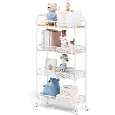 KINGRACK 4-Stufen Schmaler Küchenwagen mit Rollen Mit Holzplatte & Schiebe-Körben, Rollwagen Metall Für Enge Räume In Küche, Badezimmer, Wohnheim & Schlafzimmer, Weiß KINGRACK 4-Stufen Schmaler Küchenwagen mit Rollen Mit Holzplatte & Schiebe-Körben, Rollwagen Metall Für Enge Räume In Küche, Badezimmer, Wohnheim & Schlafzimmer, Weiß