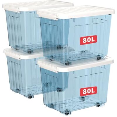 Cetomo 80L*4 Aufbewahrungsboxen, Rillen-verstärkte Kunststoffboxen mit Rollen & Deckeln, Stapelbare Aufbewahrungskiste, Ordnungsboxen für Zuhause und Büro, PP, Transparent Blau, 80L (4er Pack) Cetomo 80L*4 Aufbewahrungsboxen, Rillen-verstärkte Kunststoffboxen mit Rollen & Deckeln, Stapelbare Aufbewahrungskiste, Ordnungsboxen für Zuhause und Büro, PP, Transparent Blau, 80L (4er Pack)