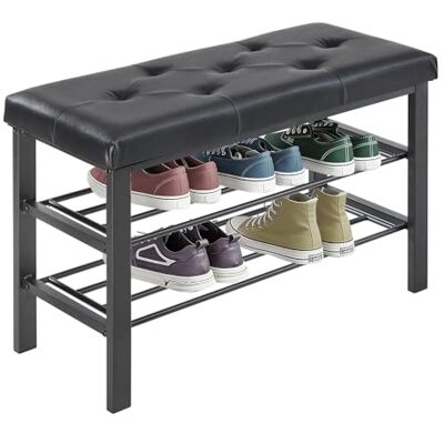 Sweetcrispy Schuhbank, Schuhregal mit 3 Ebenen, Schuhregal mit Sitzbank, 32 x 81x 50 cm, Sitztruhe, Kunstleder & Metallgestell, Schuhaufbewahrung für Wohnzimmer Eingangsbereich Flur, Schwarz Sweetcrispy Schuhbank, Schuhregal mit 3 Ebenen, Schuhregal mit Sitzbank, 32 x 81x 50 cm, Sitztruhe, Kunstleder & Metallgestell, Schuhaufbewahrung für Wohnzimmer Eingangsbereich Flur, Schwarz