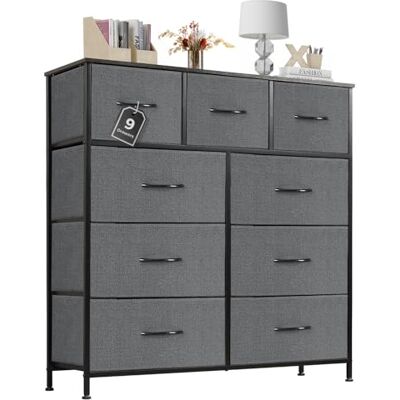 Sweetcrispy Kommode für Schlafzimmer mit 9 Stoffschubladen, hoher Truhenaufbewahrungsturm, Organizer-Einheiten für Kleiderschrank, Kinderzimmermöbel, Stahlrahmen, Holzplatte, leicht, schnell Sweetcrispy Kommode für Schlafzimmer mit 9 Stoffschubladen, hoher Truhenaufbewahrungsturm, Organizer-Einheiten für Kleiderschrank, Kinderzimmermöbel, Stahlrahmen, Holzplatte, leicht, schnell