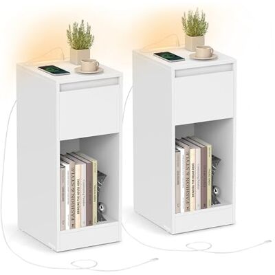 VASAGLE Nachttisch 2er Set, schmal, Beistelltisch, LED-Beleuchtung, 1 USB-A-Anschluss, 1 USB-C-Anschluss, Schublade, offenes Fach, für Schlafzimmer, Wohnzimmer, wolkenweiß LET710W01 VASAGLE Nachttisch 2er Set, schmal, Beistelltisch, LED-Beleuchtung, 1 USB-A-Anschluss, 1 USB-C-Anschluss, Schublade, offenes Fach, für Schlafzimmer, Wohnzimmer, wolkenweiß LET710W01