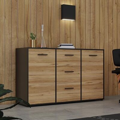 Forte MOKKARO Sideboard mit 3 Schubladen und 2 Türen, Holzwerkstoff, Catania Eiche/Schwarz, B x H x T: 141,2 x 84,9 x 42 cm Forte MOKKARO Sideboard mit 3 Schubladen und 2 Türen, Holzwerkstoff, Catania Eiche/Schwarz, B x H x T: 141,2 x 84,9 x 42 cm