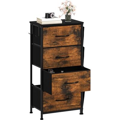 DWVO Kommode mit 4 Schubladen, langlebiger Schrank mit Haken & Seitentaschen, Stoffschubladen mit Griffen, Robustes Metallgestell,Rustikal Braun DWVO Kommode mit 4 Schubladen, langlebiger Schrank mit Haken & Seitentaschen, Stoffschubladen mit Griffen, Robustes Metallgestell,Rustikal Braun