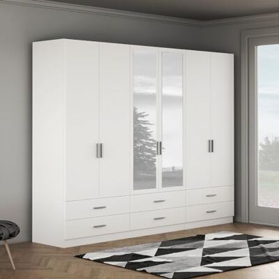 Forte ASUMPTA Schrank 270, Kleiderschrank Weiß mit Spiegel, Drehtürenschrank groß Modern Schlafzimmer, 6-türig mit 6 Schubladen, 270 cm breit x 210.5 cm hoch x 54 cm tief Forte ASUMPTA Schrank 270, Kleiderschrank Weiß mit Spiegel, Drehtürenschrank groß Modern Schlafzimmer, 6-türig mit 6 Schubladen, 270 cm breit x 210.5 cm hoch x 54 cm tief