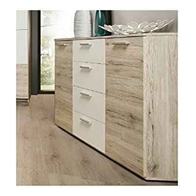 Forte Beach Kommode mit 2 Türen und 4 Schubladen, Holzwerkstoff, Sandeiche / Weiß, 48 x 91,3 x 129,6 cm Forte Beach Kommode mit 2 Türen und 4 Schubladen, Holzwerkstoff, Sandeiche / Weiß, 48 x 91,3 x 129,6 cm
