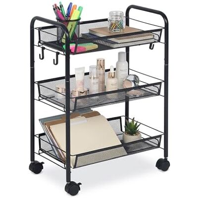 Relaxdays Rollwagen, 3 Mesh-Etagen, Servierwagen, Küchenwagen Bad & Büro, HBT 63x44,5x26 cm, Bastelwagen Metall, schwarz Relaxdays Rollwagen, 3 Mesh-Etagen, Servierwagen, Küchenwagen Bad & Büro, HBT 63x44,5x26 cm, Bastelwagen Metall, schwarz