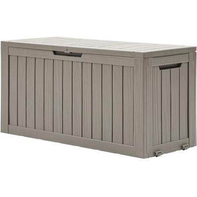 DWVO 270L Aufbewahrungsbox aus Resin mit Rollen, Wasserdichte Gartenbox für Terrassenkissen, Sportgeräte & Gartengeräte, Abschließbar, Hellbraun DWVO 270L Aufbewahrungsbox aus Resin mit Rollen, Wasserdichte Gartenbox für Terrassenkissen, Sportgeräte & Gartengeräte, Abschließbar, Hellbraun
