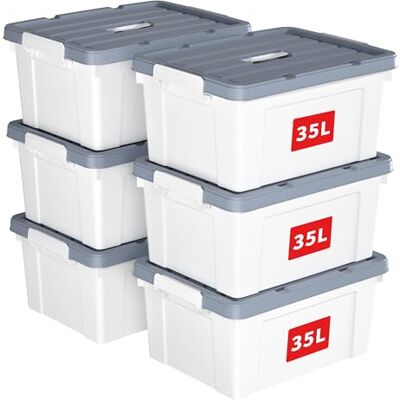 Cetomo 35L*6 Aufbewahrungsboxen, Tragbare Plastikboxen mit Deckeln, Organizer-Behälter mit Griff und Clips, Stapelbar, Ineinander Nestbar, für Zuhause und Büro, Weiß, 35L-6er Pack Cetomo 35L*6 Aufbewahrungsboxen, Tragbare Plastikboxen mit Deckeln, Organizer-Behälter mit Griff und Clips, Stapelbar, Ineinander Nestbar, für Zuhause und Büro, Weiß, 35L-6er Pack